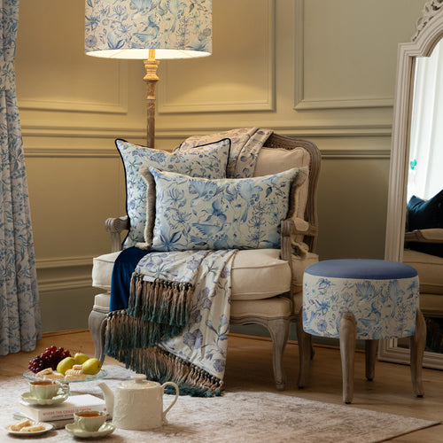 Damask Blue Cushions - Floella Printed Ruche Fringe Feather Filled Cushion Delft Blue Voyage Maison