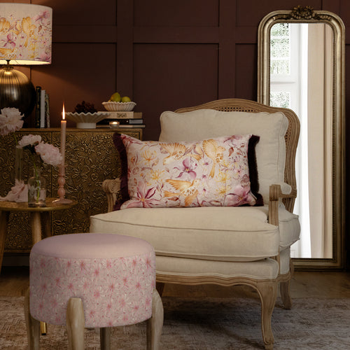 Damask Pink Cushions - Floella Printed Ruche Fringe Feather Filled Cushion Primrose Voyage Maison