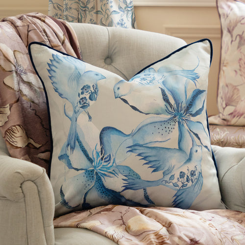 Damask Blue Cushions - Floella Printed Piped Feather Filled Cushion Delft Blue Voyage Maison