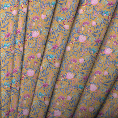 Floral Gold Fabric - Fortazela Printed Fine Lawn Cotton Apparel Fabric (By The Metre) Gold Voyage Maison