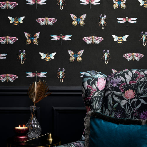 Animal Black Wallpaper - Fray  1.4m Wide Width Wallpaper (By The Metre) Onyx Voyage Maison