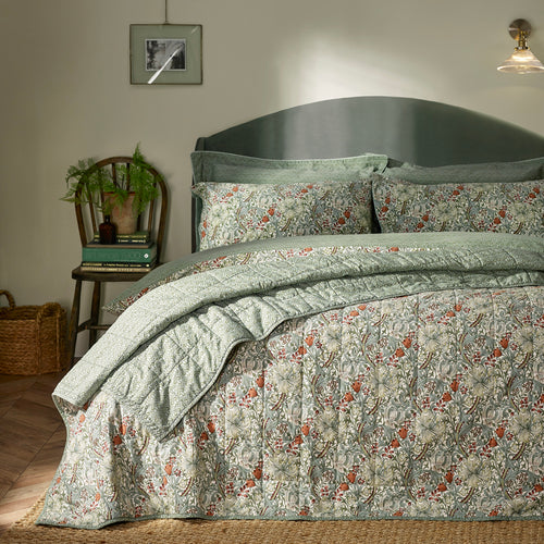 Damask Green Bedding - Golden Lily 100% Cotton Quilted Bedspread Herbal Green Morris & Co
