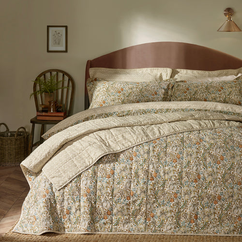 Damask Beige Bedding - Golden Lily 100% Cotton Quilted Bedspread Natural & Gold Morris & Co