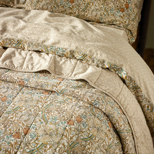 Damask Beige Bedding - Golden Lily 100% Cotton Quilted Bedspread Natural & Gold Morris & Co