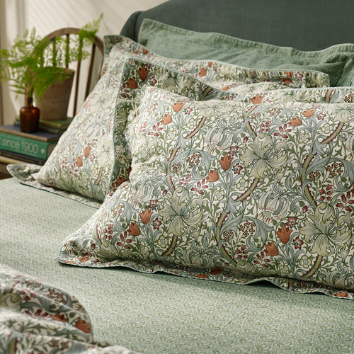Floral Green Bedding - Golden Lily 100% Cotton Pillowcase Pair Herbal Green Morris & Co