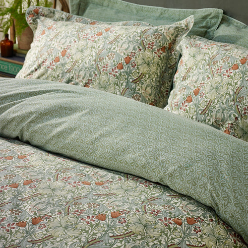 Floral Green Bedding - Golden Lily 100% Cotton Pillowcase Pair Herbal Green Morris & Co