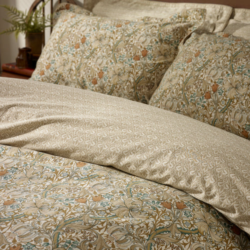 Floral Beige Bedding - Golden Lily 100% Cotton Pillowcase Pair Natural & Gold Morris & Co