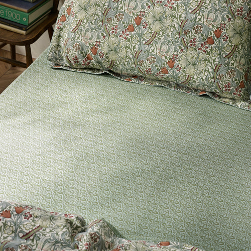 Floral Green Bedding - Golden Lily 100% Cotton Fitted Sheet Herbal Green Morris & Co