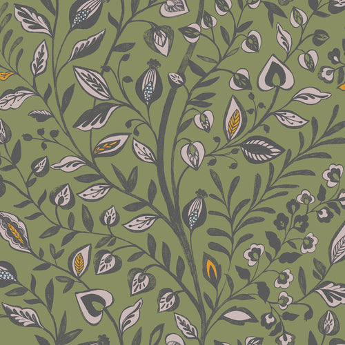 Floral Green Wallpaper - Harlow  1.4m Wide Width Wallpaper (By The Metre) Olive Voyage Maison