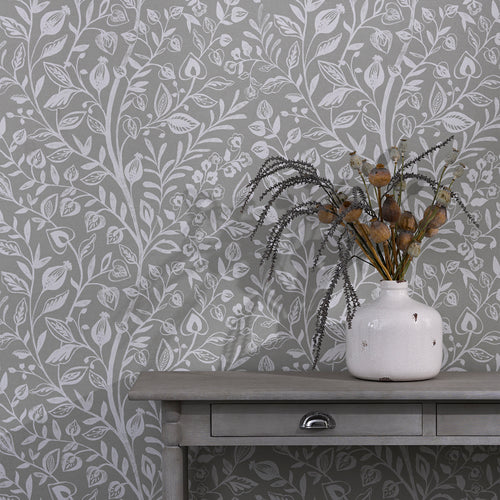 Floral Grey Wallpaper - Harlow  1.4m Wide Width Wallpaper (By The Metre) Silver Voyage Maison
