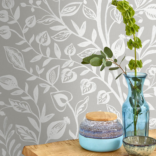 Floral Grey Wallpaper - Harlow  1.4m Wide Width Wallpaper (By The Metre) Stone Voyage Maison