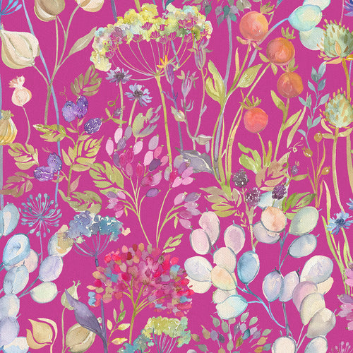 Floral Pink Fabric - Hedgerow Printed Crafting Cotton Apparel Fabric (By The Metre) Fuchsia Voyage Maison