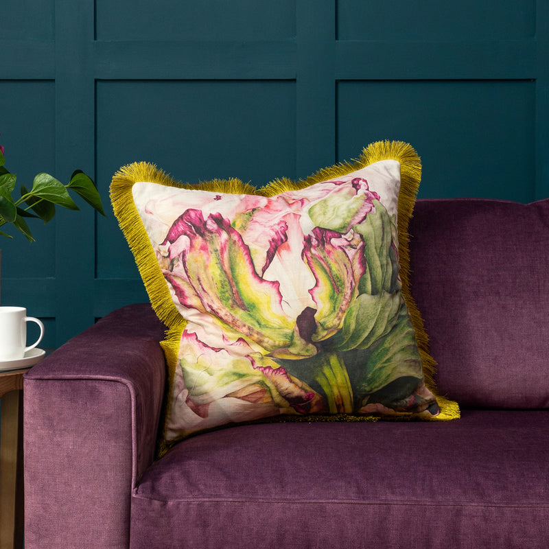 Floral Pink Cushions - Heligan Printed Fringed Feather Filled Cushion Fuchsia Marie Burke