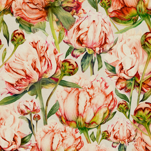 Floral Pink Fabric - Heligan Printed Cotton Fabric (By The Metre) Coral/Natural Marie Burke
