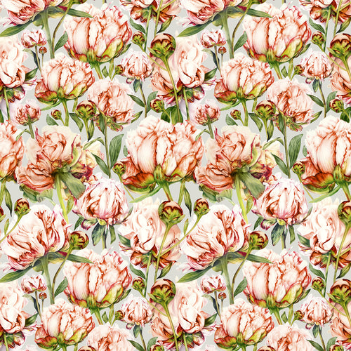 Floral Pink Fabric - Heligan Printed Cotton Fabric (By The Metre) Coral Silver Marie Burke