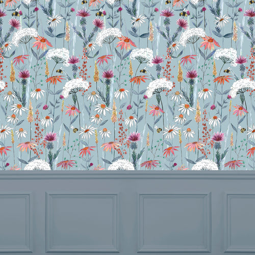 Floral Blue Wallpaper - Hermione  1.4m Wide Width Wallpaper (By The Metre) Cornflower Voyage Maison