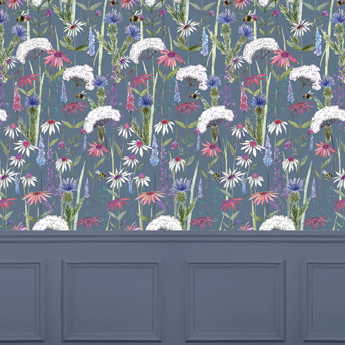 Floral Blue Wallpaper - Hermione  1.4m Wide Width Wallpaper (By The Metre) Indigo Voyage Maison