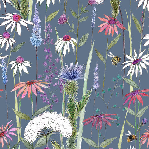 Floral Blue Wallpaper - Hermione  1.4m Wide Width Wallpaper (By The Metre) Indigo Voyage Maison
