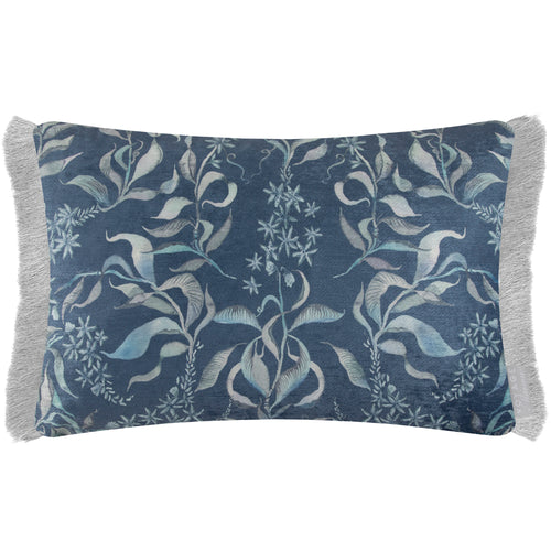 Damask Blue Cushions - Hettie Printed Ruche Fringe Feather Filled Cushion Atlas Voyage Maison