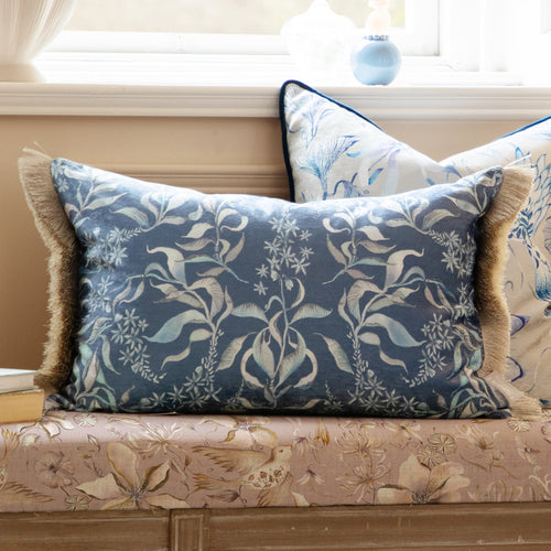 Damask Blue Cushions - Hettie Printed Ruche Fringe Feather Filled Cushion Atlas Voyage Maison