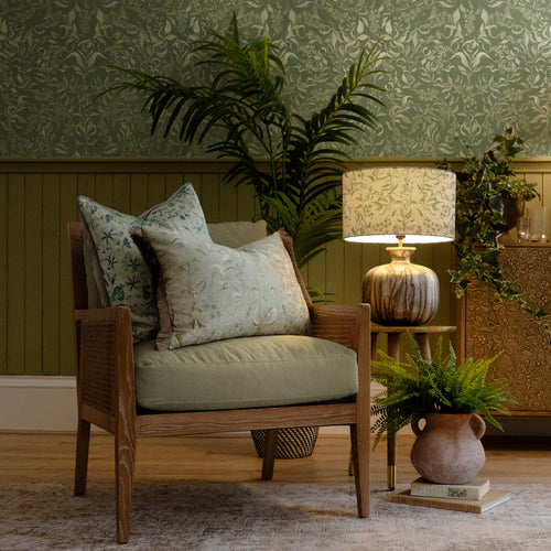 Damask Green Cushions - Hettie Printed Ruche Fringe Feather Filled Cushion Eden Voyage Maison