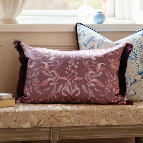 Damask Red Cushions - Hettie Printed Ruche Fringe Feather Filled Cushion Ruby Voyage Maison