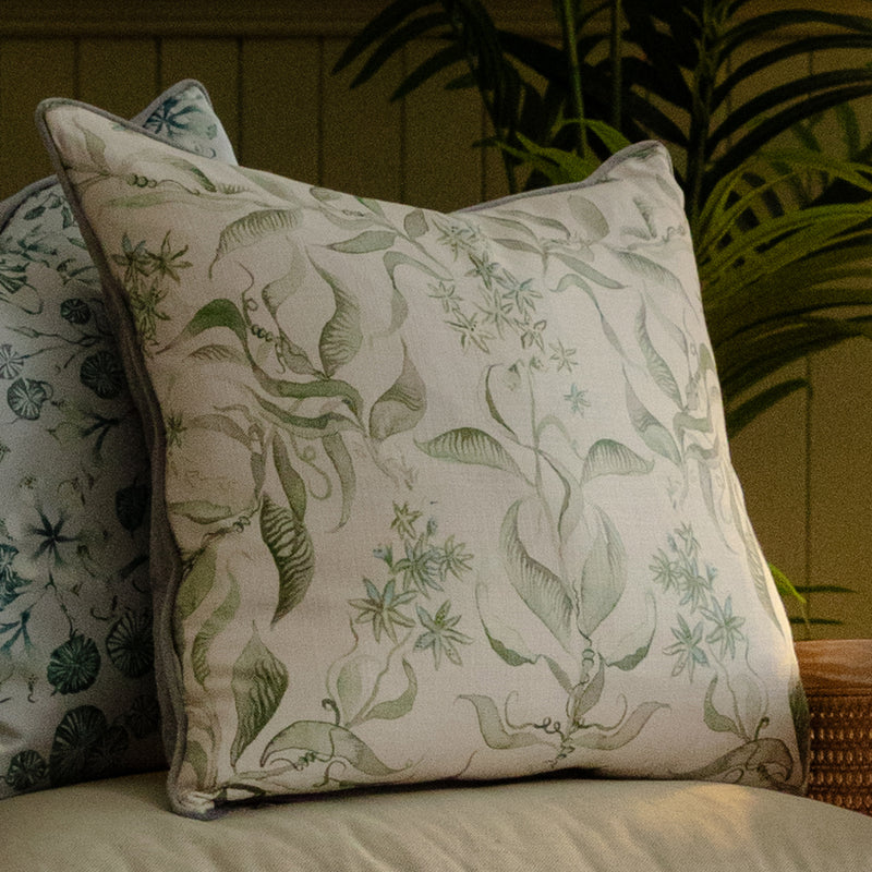 Damask Green Cushions - Hettie Printed Piped Feather Filled Cushion Vine Voyage Maison