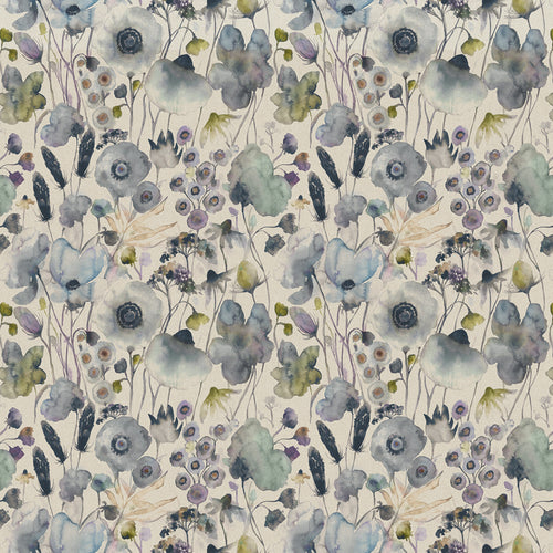 Floral Blue Fabric - Hibbertia Printed Cotton Fabric (By The Metre) Crocus Natural Voyage Maison