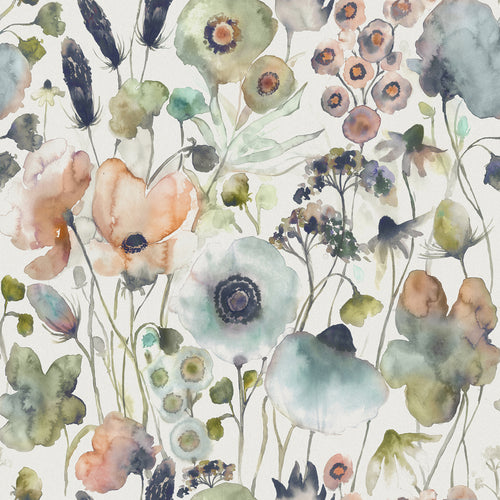 Floral Blue Fabric - Hibbertia Printed Cotton Fabric (By The Metre) Coral/Cloud/Cream Voyage Maison
