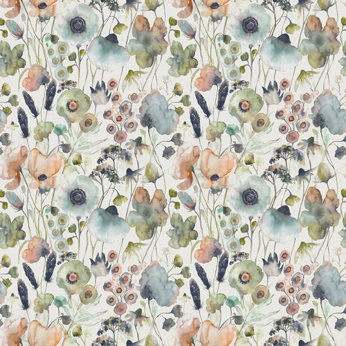 Floral Blue Fabric - Hibbertia Printed Cotton Fabric (By The Metre) Coral/Cloud/Cream Voyage Maison