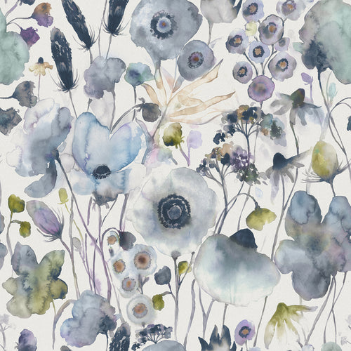 Floral Blue Fabric - Hibbertia Printed Cotton Fabric (By The Metre) Crocus Cream Voyage Maison