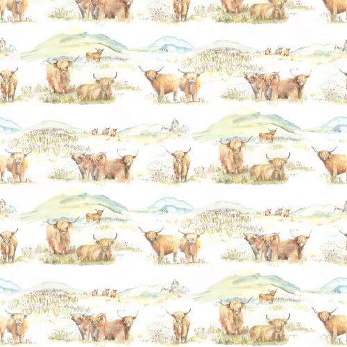 Animal Brown Fabric - Highland Cattle Printed Linen Fabric (By The Metre) Natural Voyage Maison