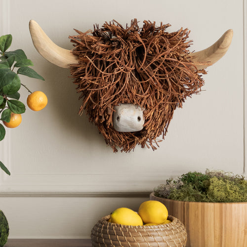 Brown Accessories - Highland Cow Wall Mounted Hand Crafted Wooden Sculpture Brown Voyage Maison