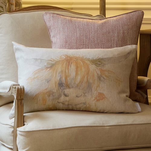 Animal Cream Cushions - Highland Coo Printed Feather Filled Cushions Natural Voyage Maison