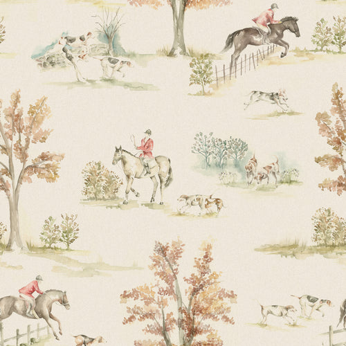 Animal Cream Fabric - Horse And Hound Printed Linen Fabric (By The Metre) Natural Voyage Maison