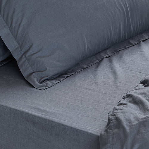 Plain Blue Bedding - Hebden Washed Cotton Fitted Bed Sheet Denim Blue Yard