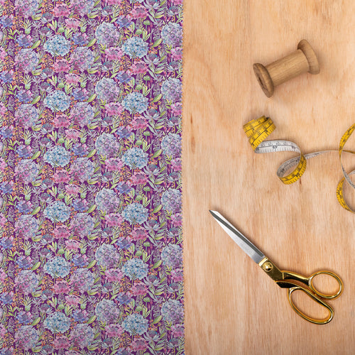 Floral Purple Fabric - Hydrangea Printed Cotton Poplin Apparel Fabric (By The Metre) Plum Voyage Maison