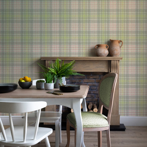 Check Green Wallpaper - Iona  1.4m Wide Width Wallpaper (By The Metre) Hawthorn Voyage Maison