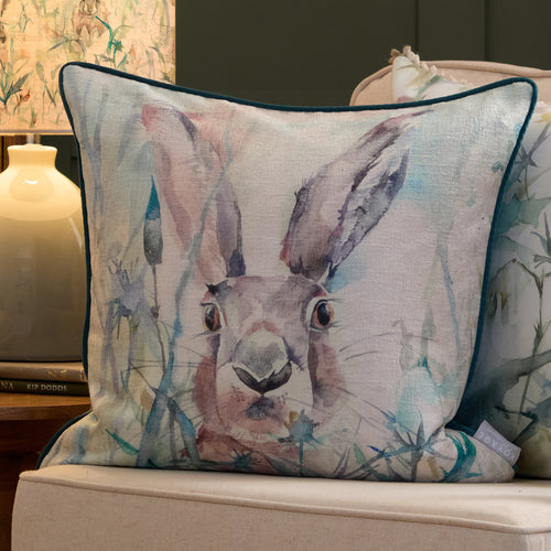 Animal Blue Cushions - Jack Rabbit Printed Piped Feather Filled Cushions Blue Voyage Maison