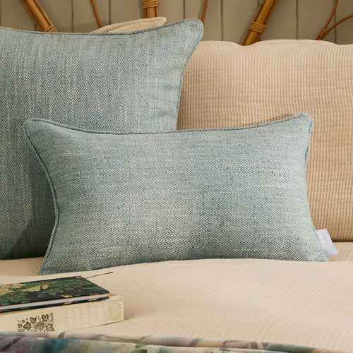 Herringbone Blue Cushions - Jedburgh Textured Woven Rectangular Feather Filled Cushions Teal Voyage Maison