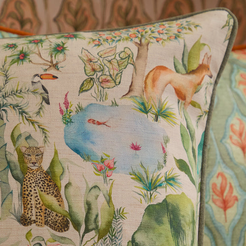 Jungle Green Cushions - Jungle Serene Printed Piped Feather Filled Cushions Moss Voyage Maison