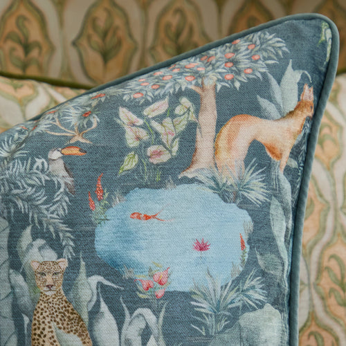 Jungle Blue Cushions - Jungle Serene Printed Velvet Feather Filled Cushion Ocean Voyage Maison