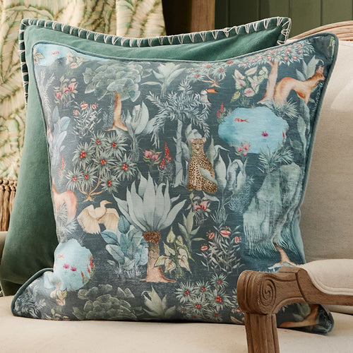 Jungle Blue Cushions - Jungle Serene Printed Velvet Feather Filled Cushion Ocean Voyage Maison