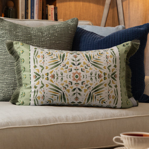 Geometric Green Cushions - Kari Printed Ruche Fringe Feather Filled Cushion Sage Voyage Maison