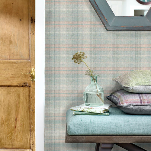 Check Green Wallpaper - Kelty  1.4m Wide Width Wallpaper (By The Metre) Duck Egg Voyage Maison