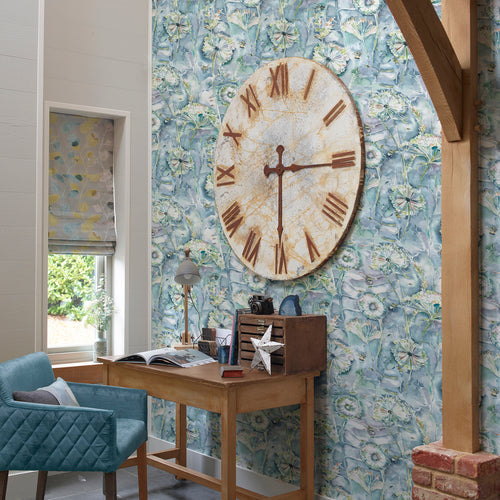 Floral Blue Wallpaper - Langdale  1.4m Wide Width Wallpaper (By The Metre) Teal Voyage Maison