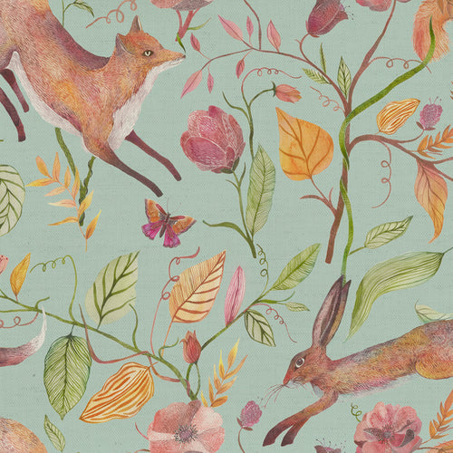Samples - Leaping Into The Fauna Printed Cotton Fabric Sample Swatch Duck Egg Blue Voyage Maison