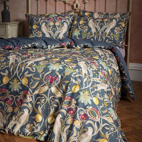 Floral Blue Bedding - Songbird Traditional Floral Printed Piped Duvet Cover Set Navy EW by Edinburgh Weavers