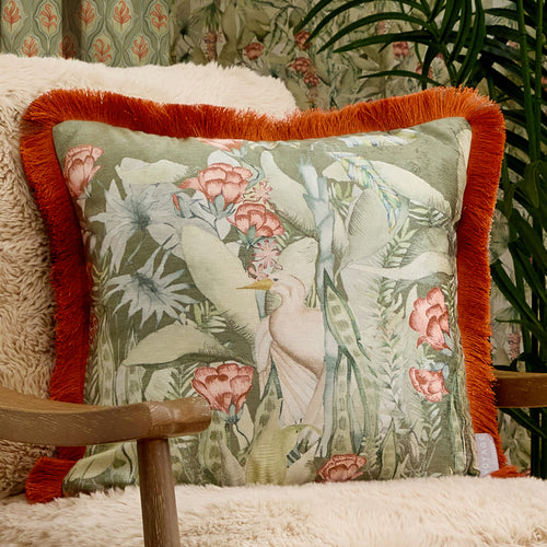 Jungle Green Cushions - Mangrove Printed Velvet Feather Filled Cushions Moss Voyage Maison