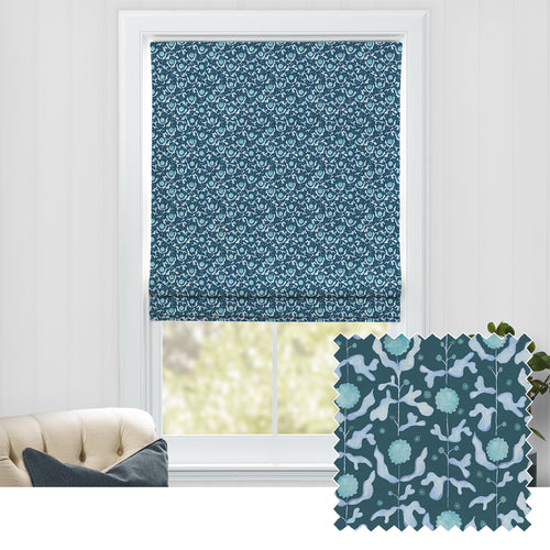 Floral Blue M2M - Mariani Printed Cotton Made to Measure Roman Blinds Teal Voyage Maison